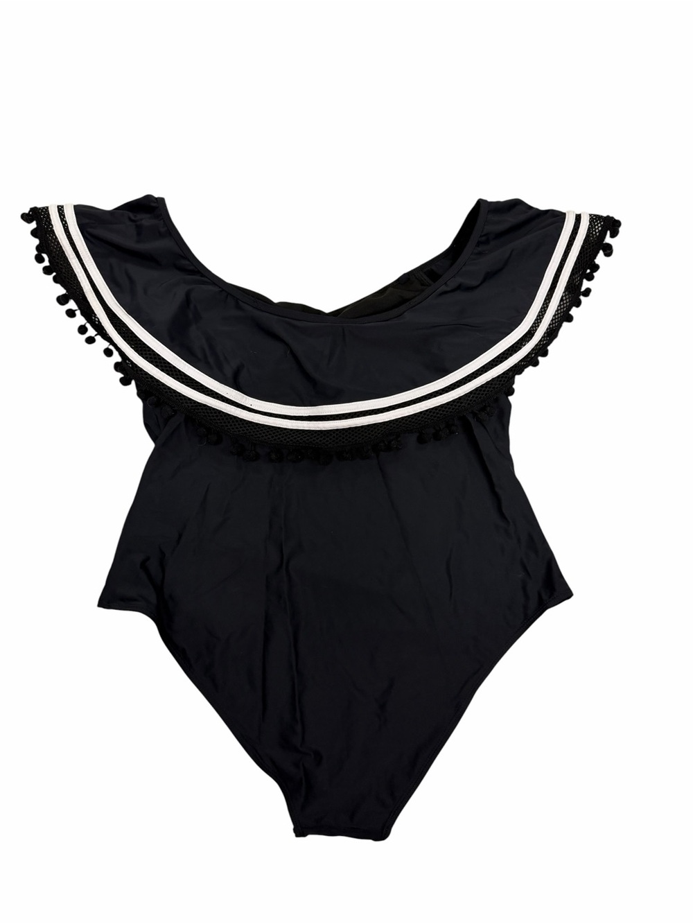 Black Off-Shoulder One-Piece Swimsuit with Pom Trim